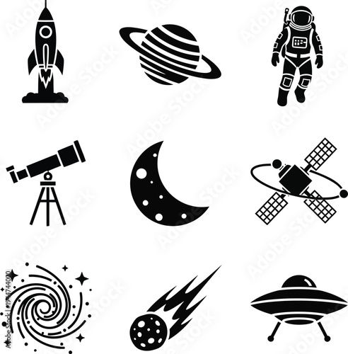 Space and Astronomy Icons with Rocket, Planet, and Astronaut space, astronomy, rocket, planet