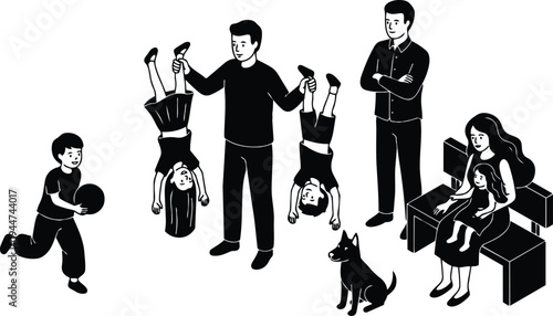 Flat minimalist vector low angle family park scene father holding two children upside down while mother sits with daughter smiling