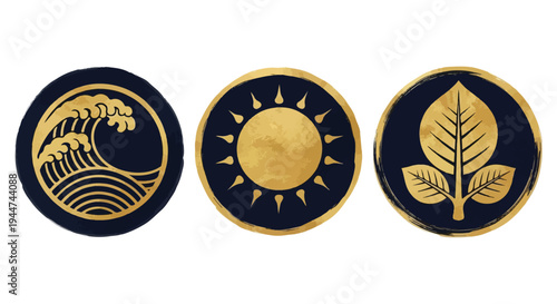 Luxury Nautical Icon Set with Gold Foil Wave Sun and Leaf