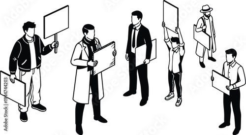 Isometric line art protest group holding blank signs aerial angle diverse demonstrators in minimal black and white vector illustration composition