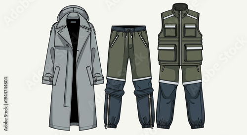 Technical fashion sketches of techwear trench coat pants and utility vest