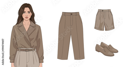 Stylish woman wearing a neutral brown capsule collection with trousers shorts and loafers