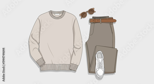 Stylish minimalist casual men's outfit flat lay with sweatshirt and trousers