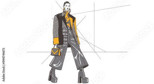 Fashion illustration of a stylish woman walking the runway in a modern chic outfit.