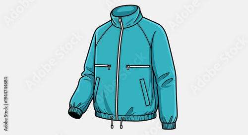 Blue vector windbreaker jacket with zipper and pockets isolated on plain background
