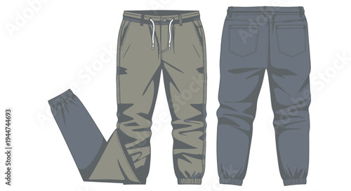 Men's casual jogger pants vector illustration with drawstring and elastic cuffs.
