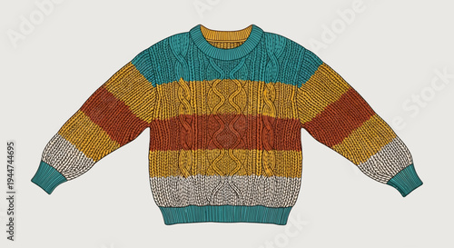 Hand drawn illustration of a colorful cable knit striped sweater