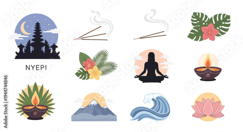 Collection of Balinese and Hindu cultural icons including temples, incense, meditation, lotus flowers, and natural elements like mountains and waves.
