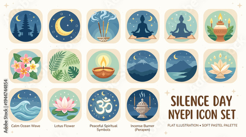 A collection of soft pastel illustrations depicting icons for Silence Day Nyepi, featuring spiritual symbols, meditation, nature elements, and Balinese cultural motifs.