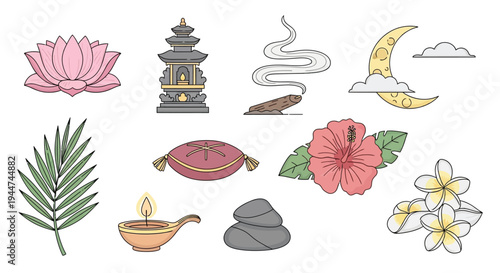 Collection of Balinese and spiritual elements including lotus, temple, incense, moon, tropical flowers, and spa items.