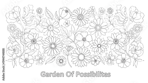 A serene adult coloring page featuring a beautiful floral garden design with various flowers and leaves, perfect for relaxation and creativity.