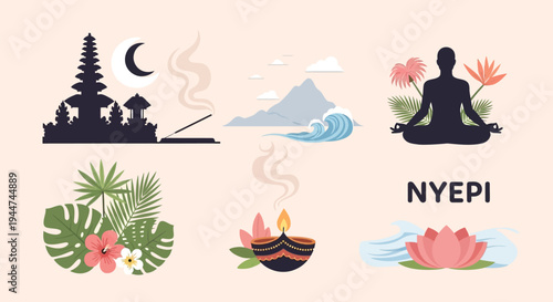 A collection of illustrations representing Balinese culture, spirituality, nature, and the serene observance of Nyepi, featuring temples, meditation, tropical flora, and sacred symbols.