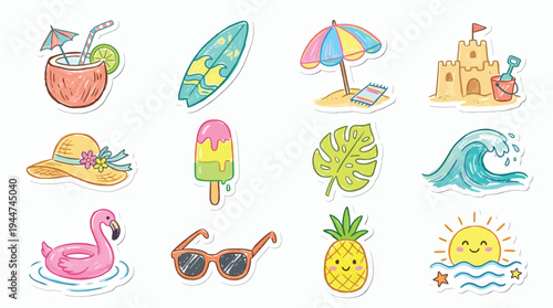 A collection of colorful hand-drawn summer-themed stickers featuring beach items like a coconut drink, surfboard, sandcastle, sun hat, flamingo float, and pineapple.