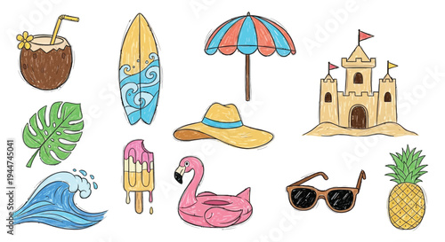 A vibrant collection of hand-drawn summer and beach-themed illustrations including a surfboard, sandcastle, coconut drink, and tropical elements.