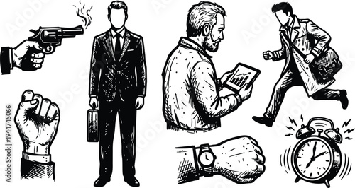 Ink sketch close up businessman checking smartwatch and tablet while running briefcase alarm clock and gun time pressure scene urgent