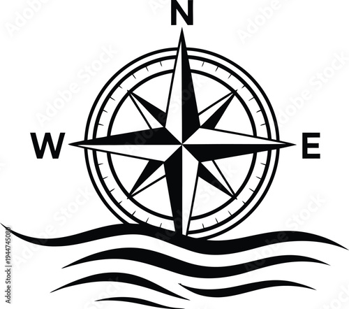 Compass rose navigation icon vector, nautical direction symbol for travel adventure blogs and maritime themed design.