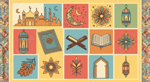 A vibrant collection of Islamic cultural and religious symbols, including a mosque, crescent moon, lanterns, Quran, prayer rug, and decorative patterns, set in a colorful grid.