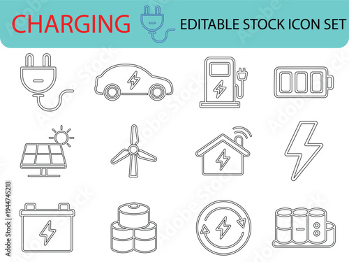 Editable stock icon set illustrating charging, energy, and green power sources.