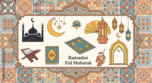 Ramadan and Eid Mubarak celebration elements with mosque, crescent moon, lanterns, and prayer rug on a decorative tile background.
