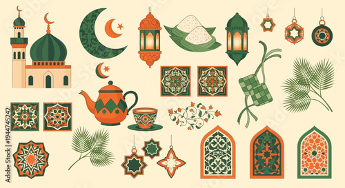 A collection of traditional Islamic and Ramadan celebration elements including a mosque, crescent moons, lanterns, ketupat, tea set, and decorative patterns.