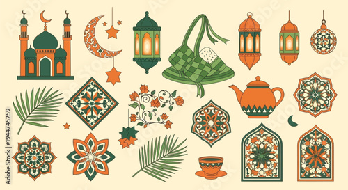 A vibrant collection of Islamic and Middle Eastern cultural elements, including a mosque, lanterns, crescent moons, geometric patterns, and traditional items.