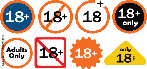 Collection of 18 plus age restriction warning signs and symbols