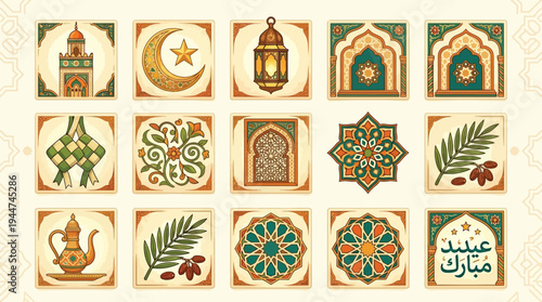 Collection of traditional Islamic and Middle Eastern cultural motifs and symbols in square tile designs, perfect for Ramadan and Eid celebrations.