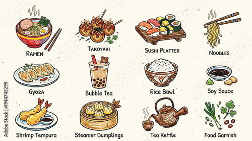 A vibrant collection of hand-drawn Japanese food and drink illustrations, featuring popular dishes like ramen, sushi, gyoza, tempura, and bubble tea, presented in a colorful and inviting style.