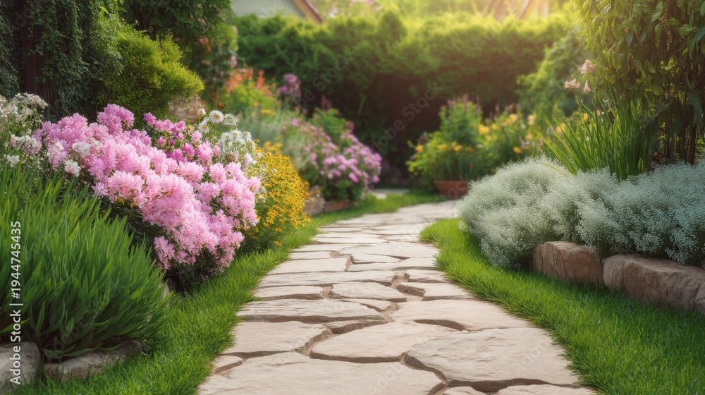 Obraz premium Serene Garden Pathway Surrounded by Vibrant Flowers and Lush Greenery Under Soft Morning Light