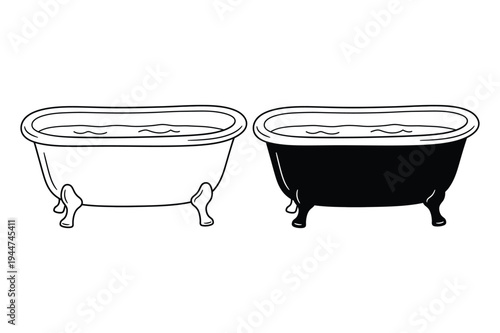 Bathtub icon set: outline and solid black illustration