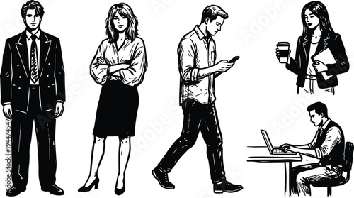 Line art front and profile business people in formal attire holding coffee laptop and smartphone standing walking with crossed arms