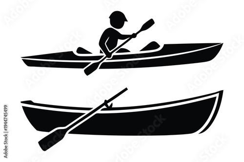 Kayaking icon set: single person and empty boat