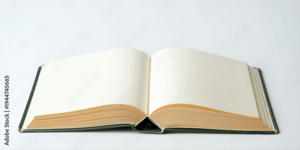 Fototapeta premium Open book rests upon white surface. Pages blank, inviting content. Minimalist aesthetic, simple composition. Focus remains solely on text potential.