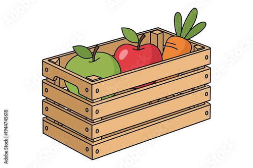 Wooden crate with apples and carrots illustration