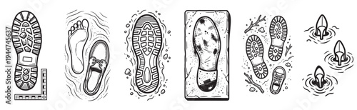 footprint and shoe sole outline vector set with walking tracks, boot prints and ground impressions isolated on transparent background