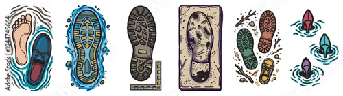 footprint and shoe sole vector illustration set with boot prints, walking tracks and ground impressions isolated on transparent background