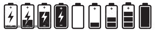 battery charge level silhouette icon set with power indicators and electricity lightning symbols isolated on transparent background
