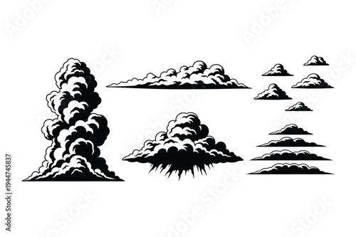 Set of cloud illustrations in black and white