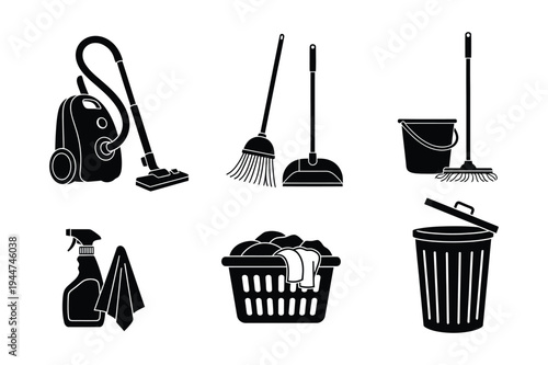 Cleaning supplies and household chores icons