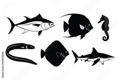 Collection of fish and marine life silhouettes