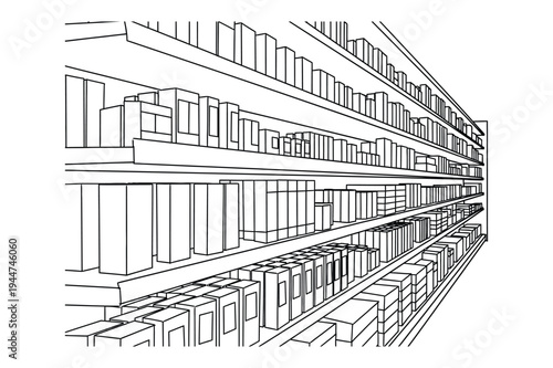 Retail store shelves with product boxes outline
