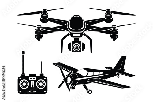 Drone, airplane, and remote control silhouette vector icons