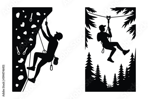 Adventure sports silhouettes: rock climbing and ziplining