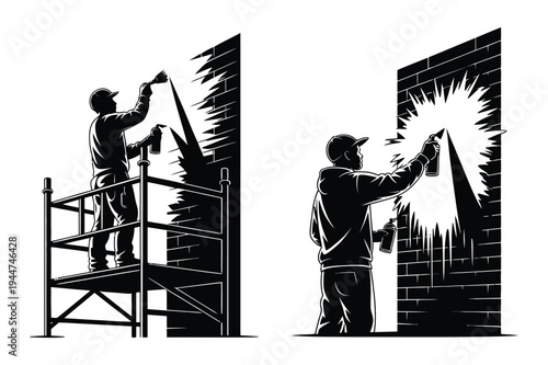 Graffiti artists at work: spray painting on brick wall silhouettes