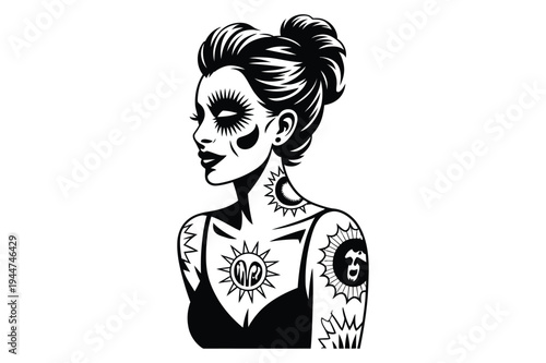 Tattooed woman silhouette: vintage style portrait with sun and moon