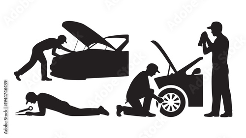 Vector Illustration Of Four Silhouetted Mechanics Working On Cars For Automotive Repair And Maintenance Concept