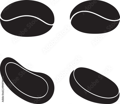 Black coffee bean silhouettes, minimalist vector design with curves, ideal for beverage branding and transparent graphic elements