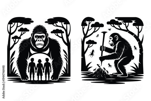 Evolution concept: gorilla with humans and chimpanzee using tool