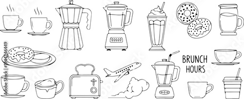 A collection of various kitchen appliances and food items illustrated