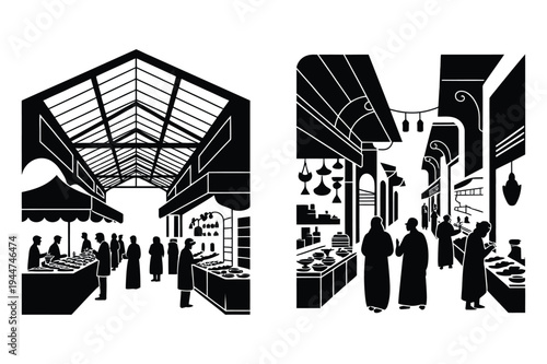 Vector market scene silhouettes, people shopping in stalls